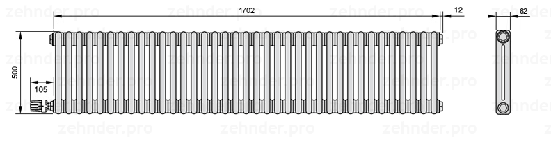 Схема (чертеж) Радиатор Zehnder Charleston 2050/37 №V003 Белый глянцевый RAL 9016